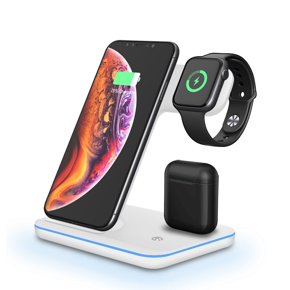 FDGAO 15W Qi Fast Wireless Charger Stand For iPhone 11 Pro XS XR 8 X 3 in 1 Charging Dock for Apple Watch 5 4 3 2 1 Airpods Pro: White