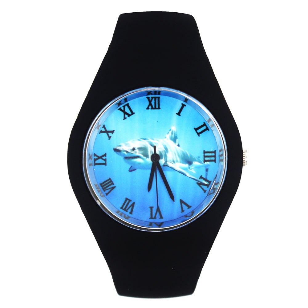 Grote Witte Haaien Vis Haai Aanvallen Patroon Vrouwen Mannen Mode Siliconen Band Sport Quartz Horloge: Black