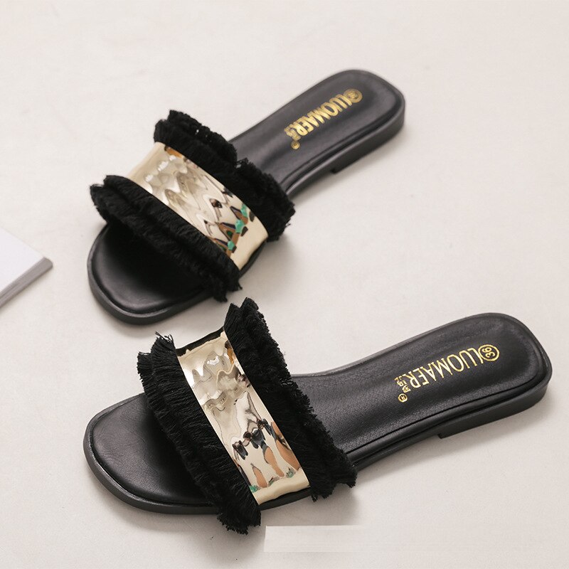 famous brand gold band tassel sandals women flats heel metal decoration slippers double layer fringe flip flops big size 259