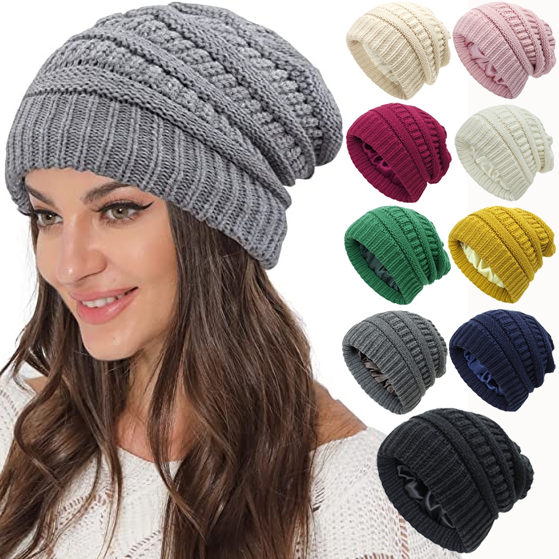 Gorro de lana con forro de satén para hombre y mujer, gorro de lana forrado de seda, holgado, cálido, para invierno