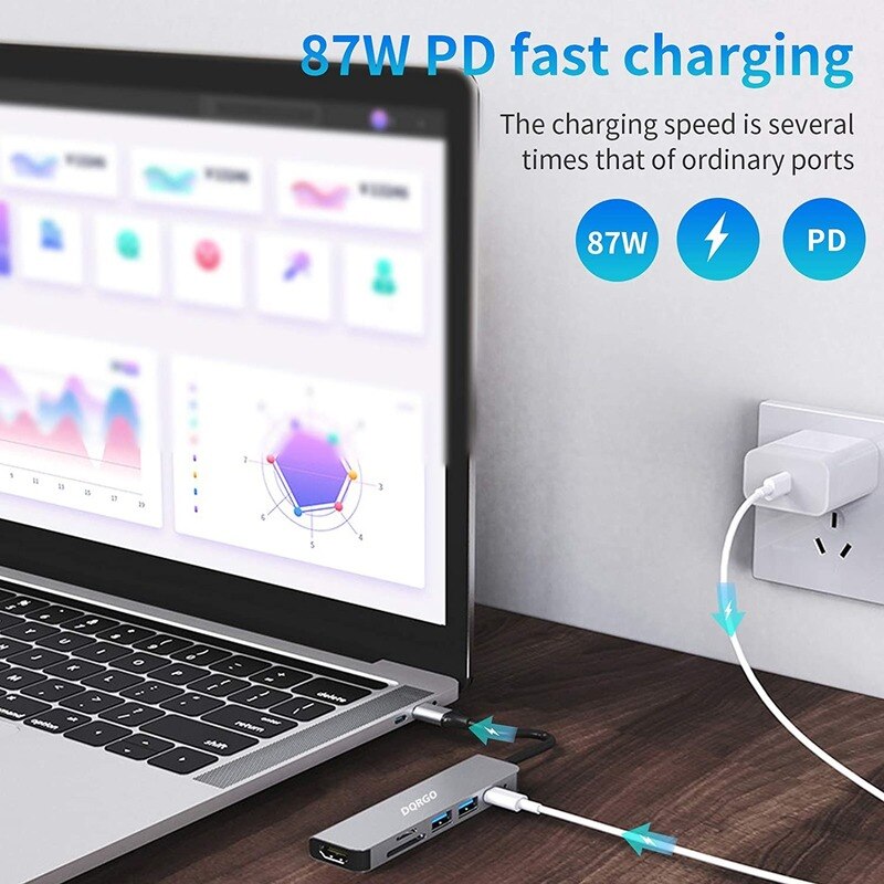 6 In 1 USB C Hub Laptop Docking Station Adapter with 87W PD Fast Charging SD TF Card Reade 4K HDMI for MacBook Pro Air Dell HP