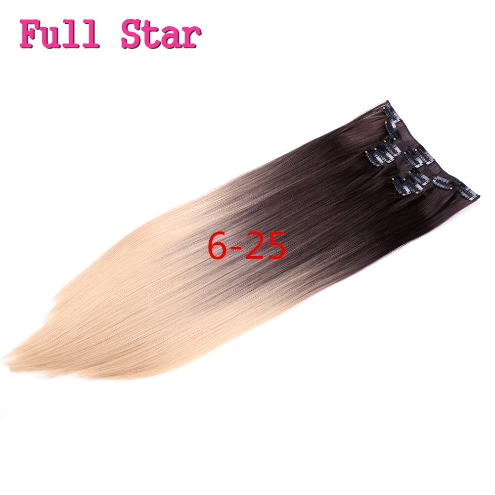La estrella de 6 piezas de 22 "Ombre Clip en extensiones de cabello pelo sintético negro a Marrón castaño destacar negro para las mujeres blancas: T4/27/30