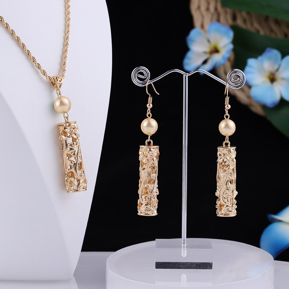 Cring Coco Earrings Necklace Set Hawaiian Polynesian Samoa Gold Hollow out Pearl Pendant Necklace Jewelry Set for Women: ZH0532GOYE