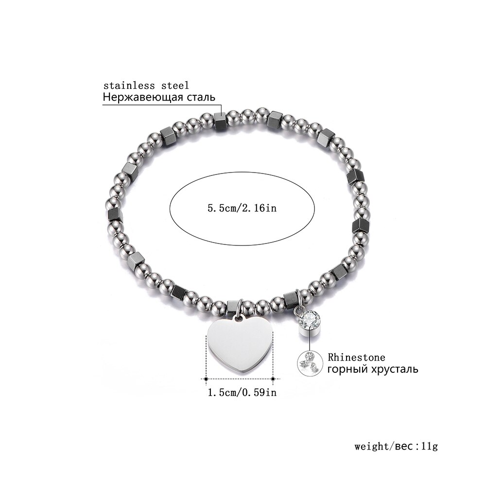 Pulsera colgante de corazón de acero inoxidable para mujer, pulsera brillante con cuentas de cristal CZ, pulseras para mujer, ,