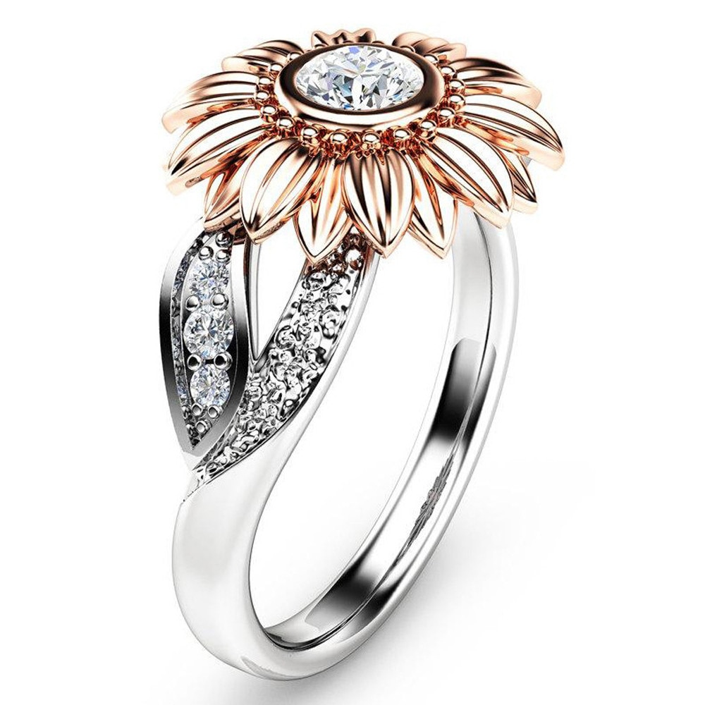 Exquisite Crystal Rose Gold Zonnebloem Ringen Zilveren Kleur Kubieke Zirkoon Ring Vrouwen Engagement Bruiloft Sieraden Bijoux #25