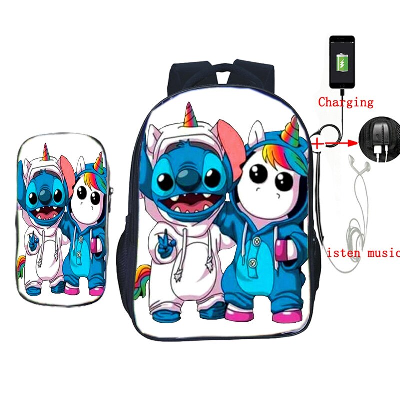 USB Opladen Rugzak Jongens Meisjes Stitch Gedrukt Rugzak Schooltassen met Etui 2 stks/set Casual Reizen Shouler Rugzak: 14