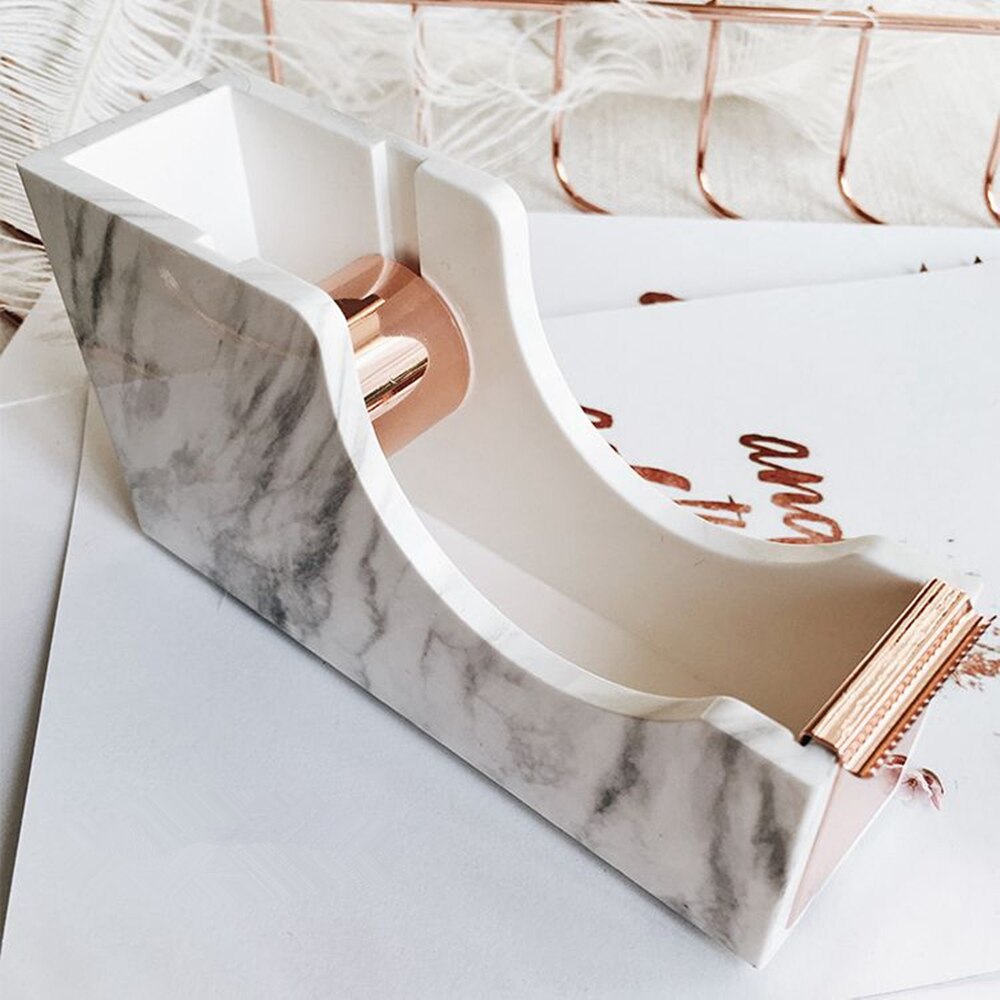 Marble Print Tape Dispenser Desk Adhesive Tapes Holder with Rose Gold 1" Metal Core for Office School Home Stationery Supplies