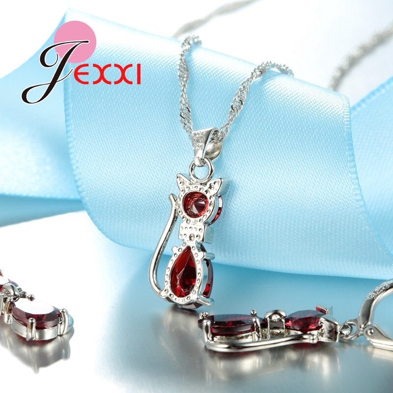 Juego de juegos de joyas para mujer, cristal austriaco de Plata de Ley 925, de gato lindo, colgante de cristal de gota de agua, collar
