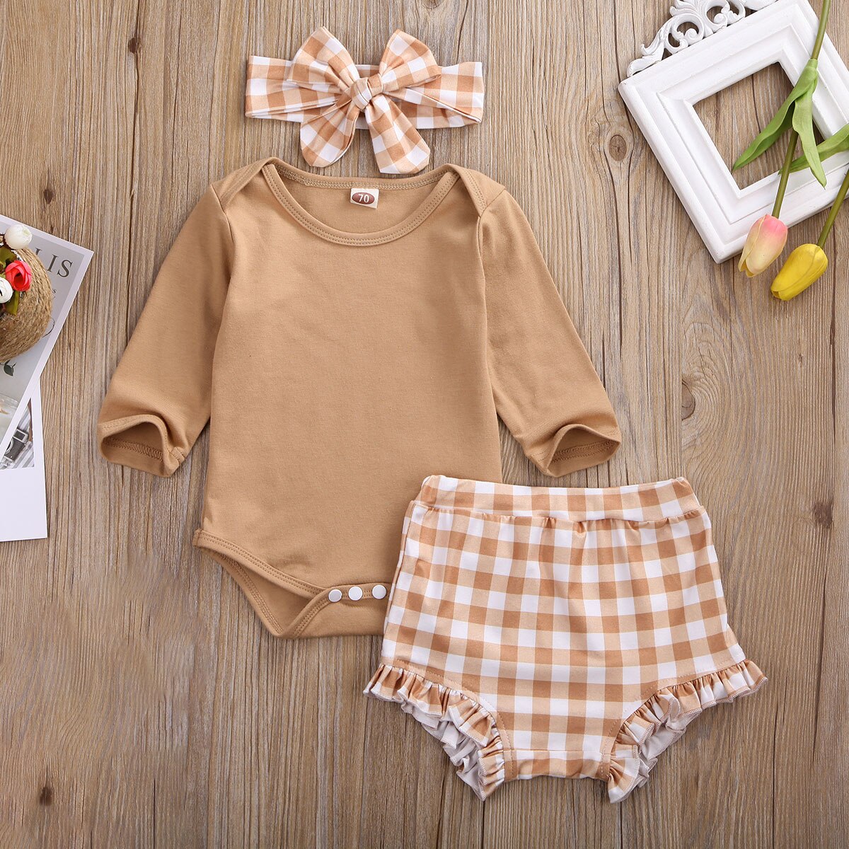Ropa de playa para bebés y niñas, conjunto de 3 uds. De manga larga de Tops, mono + Pantalones a cuadros, conjunto de ropa 0-24M: 6M