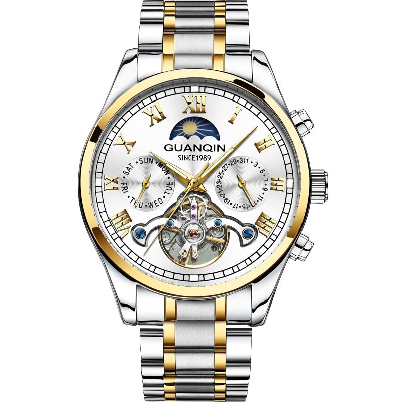 GUANQIN-Reloj de GJ16149-Men, Tourbillon automático, mecánico, resistente al agua 30M, con caja de acero inoxidable luminosa: Golden white