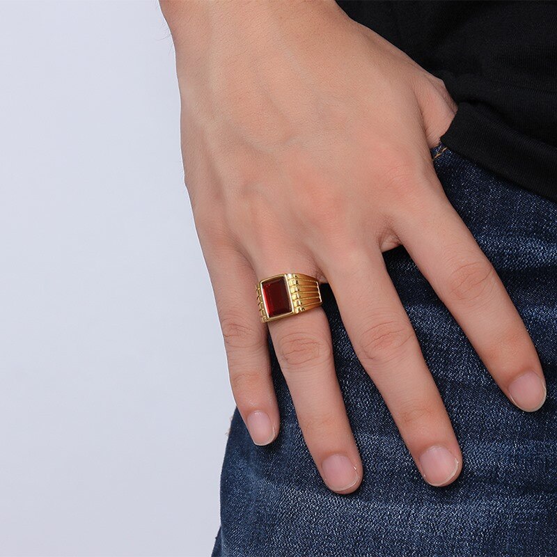 ¡Novedad de ! Anillos de piedra roja grande Modyle para hombre, joyas geniales de Color dorado, anillos grandes, joyas para , Anillos Masculinos gótico