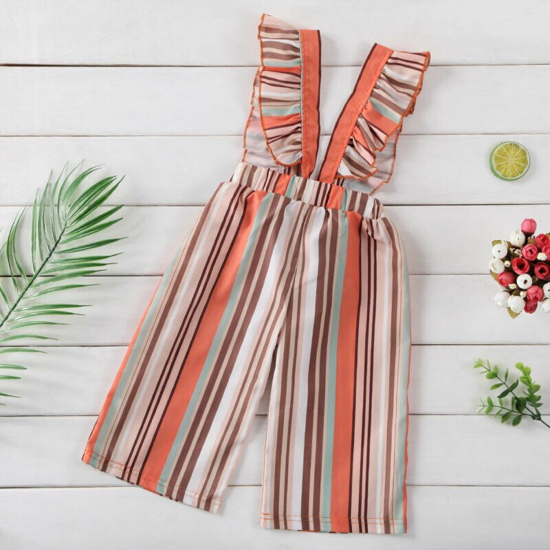 Newest Summer Clothes Toddler Baby Kids Girls Clothes Stripe Romper Bib Pants Ruffle Overalls Colorful Rainbow Jumpsuit