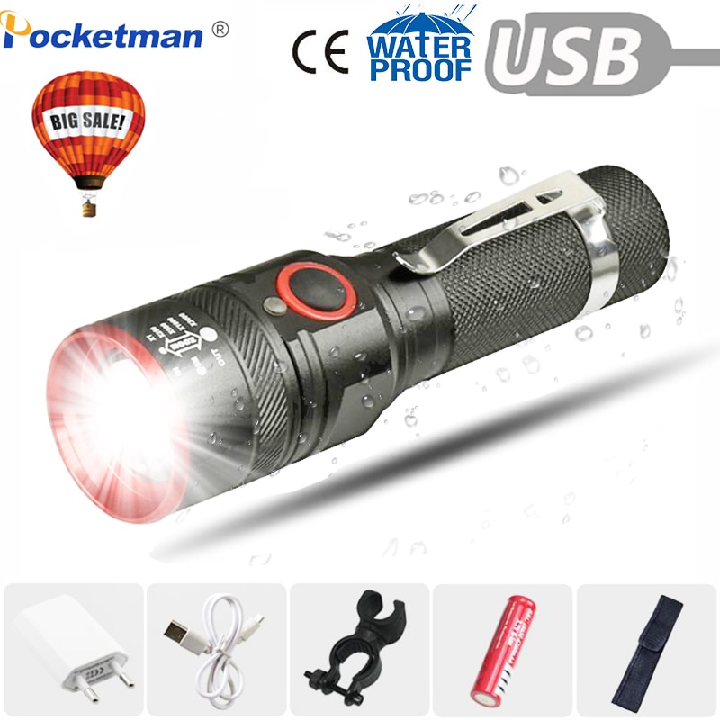 6000 Lumens Flashlight USB Rechargeable T6 LED Flashlight Torch Lamp Lantern 18650 Waterproof Bike LED Holding Clip Flash Light