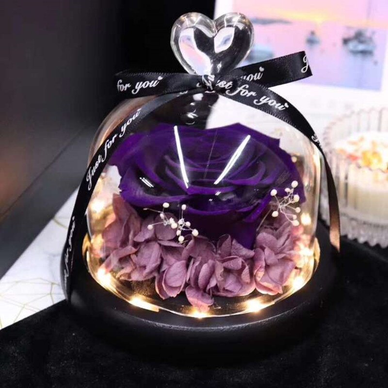 AINYROSE fleur de Rose artificielle en dôme de verre avec lumière LED boîte lampe de nuit Rose éternelle d'anniversaire de mariage pour fille: Purple Rose Light