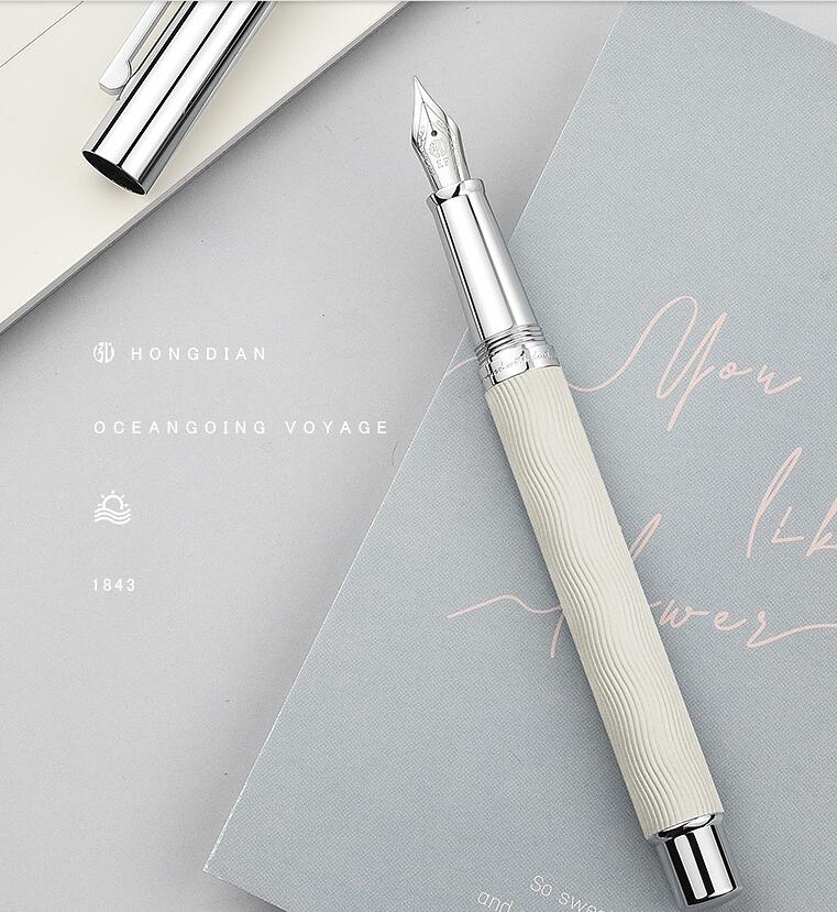 HongDian 1843 Metal Fountain Pen Voyager Series Beautiful Ripples Iridium EF/F Size Ink Pen Office Business Writing Ink Pen: White-One Pen / EF 0.4mm