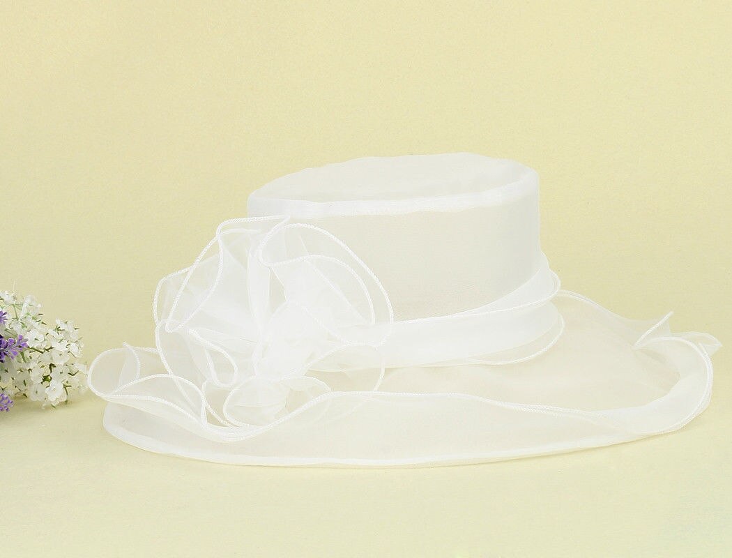 Ladies Vintage Kentucky Derby Sun Hat Wide Brim Wedding Church Racing 8 color: White