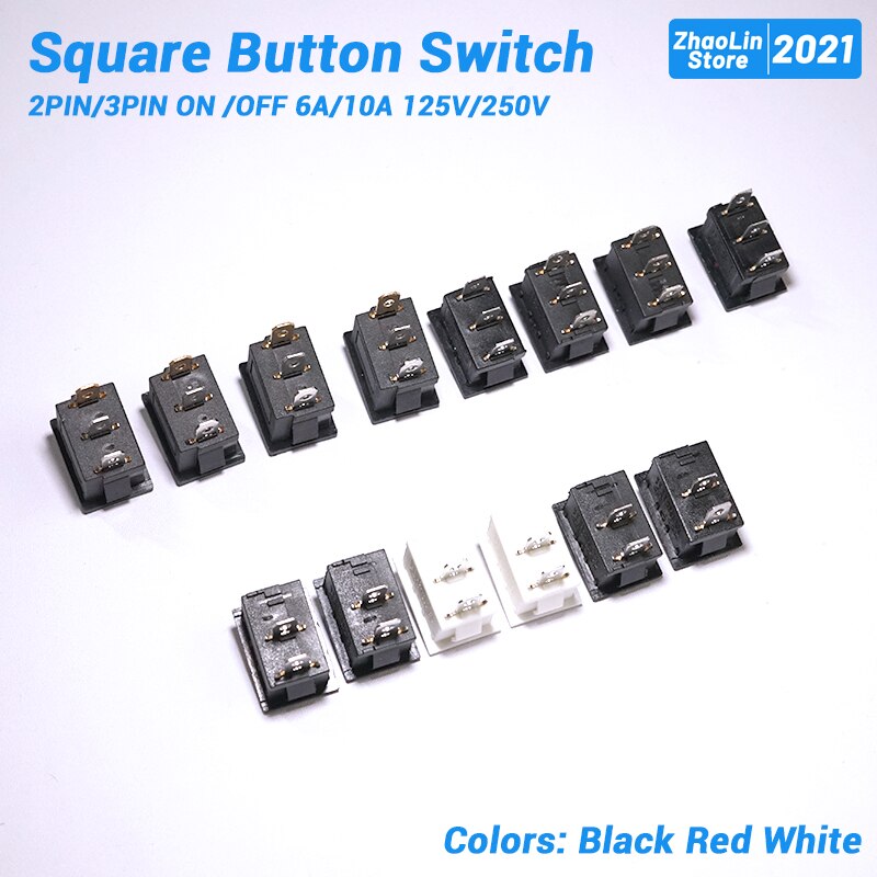 Square Button Switch For Boat Car Rocker Switch 2PIN/3PIN ON /OFF 6A/10A 125V/250V Black Red and White
