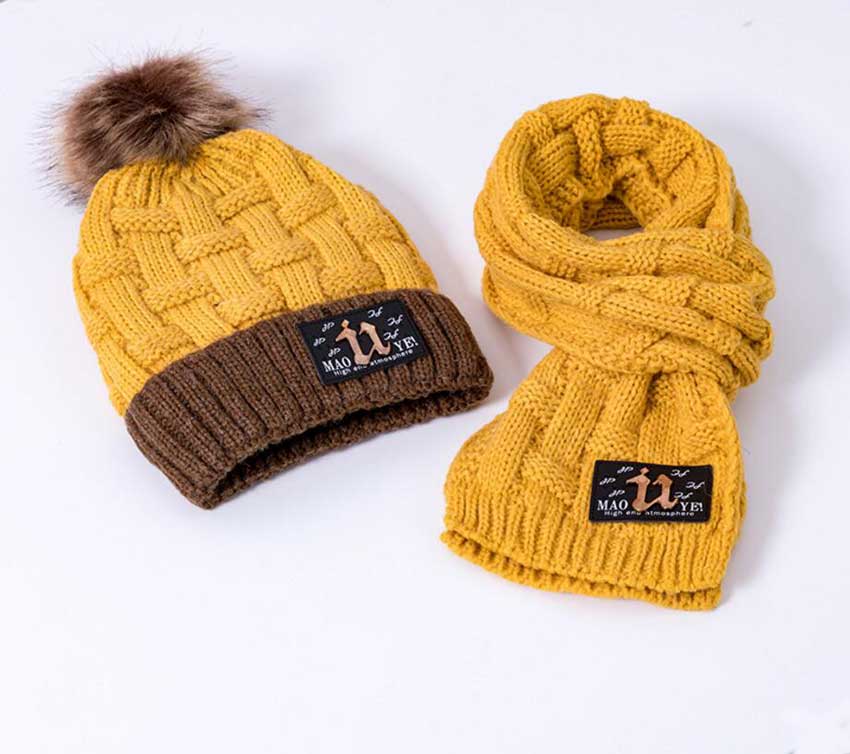 Vinter tjej mössa och halsduk set för barn barn stickade mjuka stretch kabel mössor halsdukar pojkar pompom keps halsdukar varm kostym  m7118: Gul