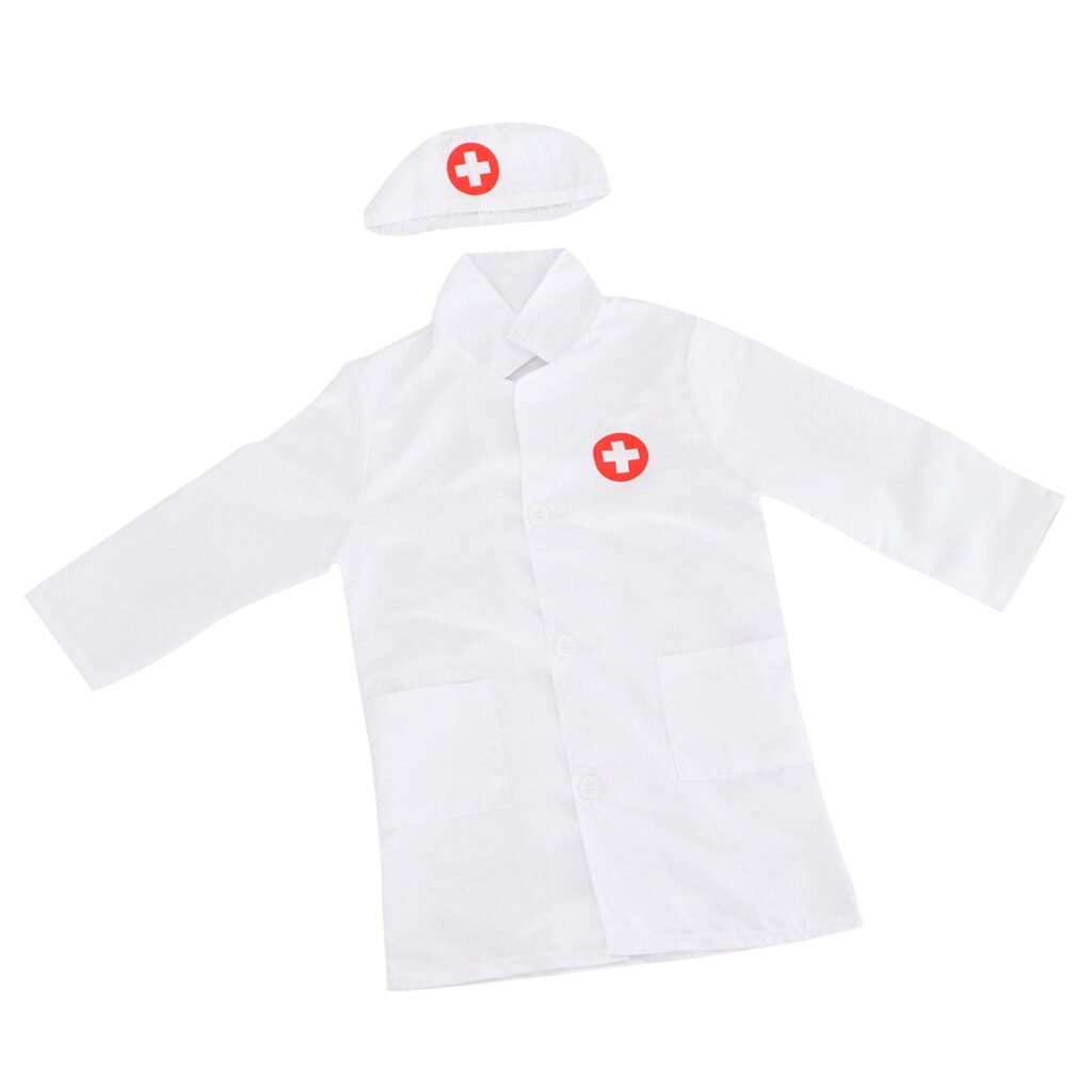 Børns langærmet lægeuniform, børnesygeplejerske kostume laboratoriekåbe & kasket foregive leg kjole dragt sæt: Hvid