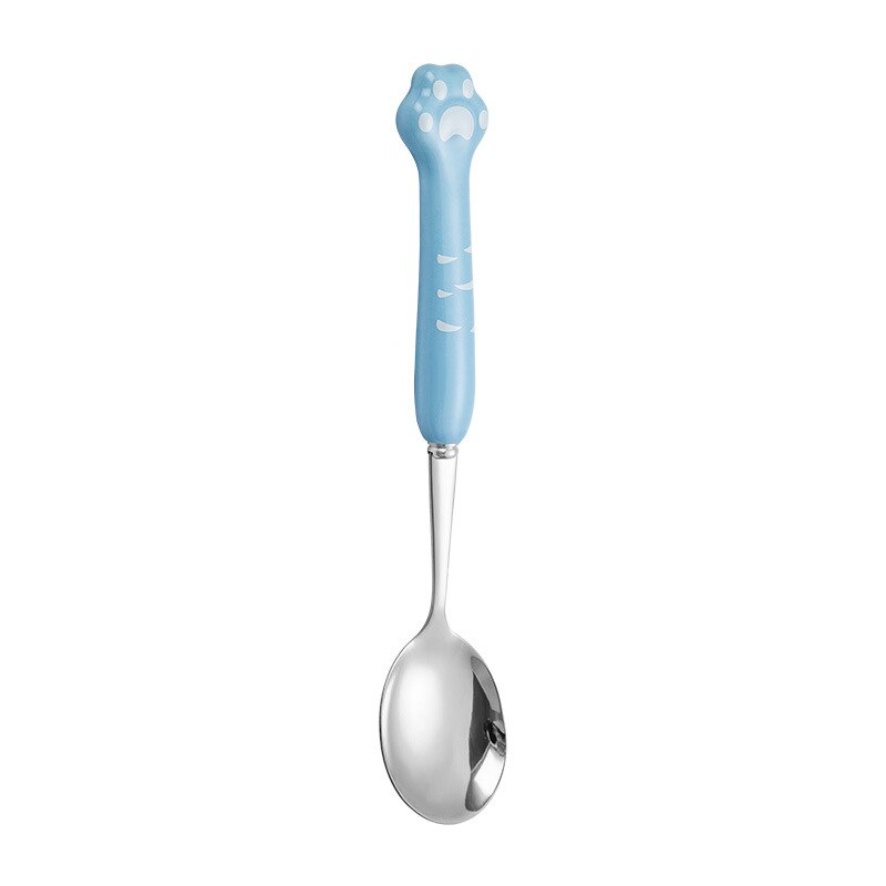 Cute cat claw ceramic 304 stainless steel tableware spoon fork chopsticks cute cartoon spoon gold spoon fork: blue silver spoon