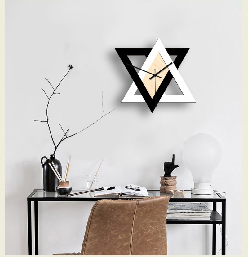 Wooden Black And White Six-pointed Star Wall Clock Hanging Wall Watch Home Decor Living Room Quartz Needle