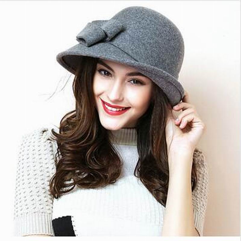 Wool hat Autumn Winter Noble European American Girls Cap Ladies Bucket Hat Women Wool Fedora Hat: Gray
