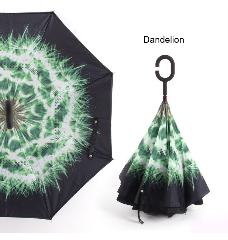 Paraguas plegable inverso resistente al viento, paraguas para hombre y mujer para lluvia y sol, paraguas con mango en C invertido, soporte autónomo para Anti UV de doble capa: dandelion