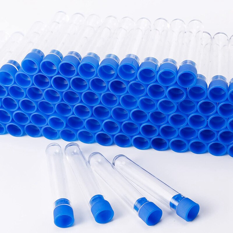 Tubos de prueba de plástico transparente 200 Uds con tapas de rosca azules, tapas de presión de botellas de contenedores de muestra 12X60mm