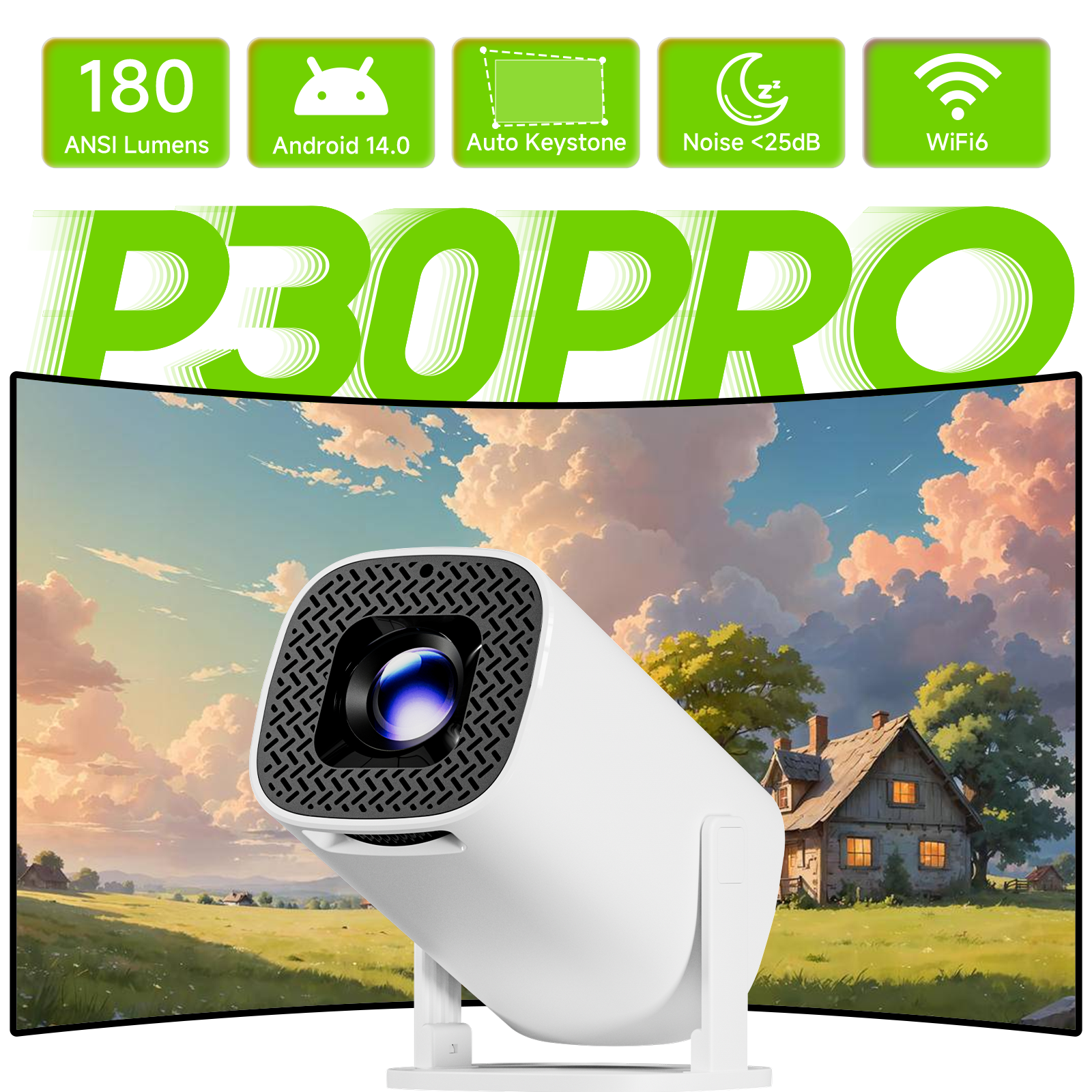 Android 14 Projector 4K P30PRO Supports 1080p HD Video WiFi 6 BT5.0 Native 720p Home Theater Outdoor Portable Projector