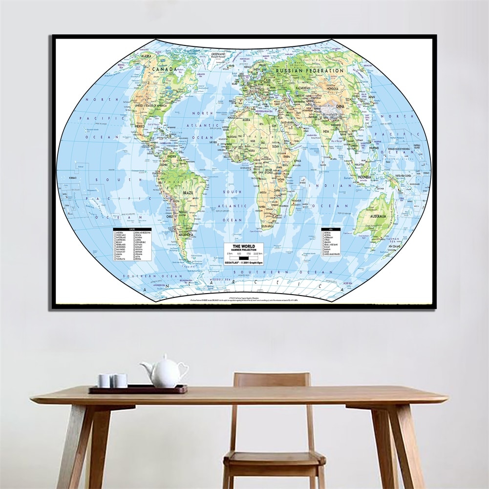 A2 Size The World Map Hammer Projection HD Fine Canvas Wall Map Unframed Home Decor Crafts