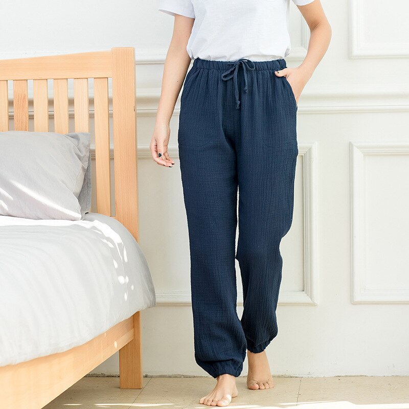 Womens Pure Cotton Yarn Pyjamas Solid Color Slim Home Pants Elastic Waist Pocket Sleep Bottoms Lounge Pants Pajamas for Women: Navy / XL