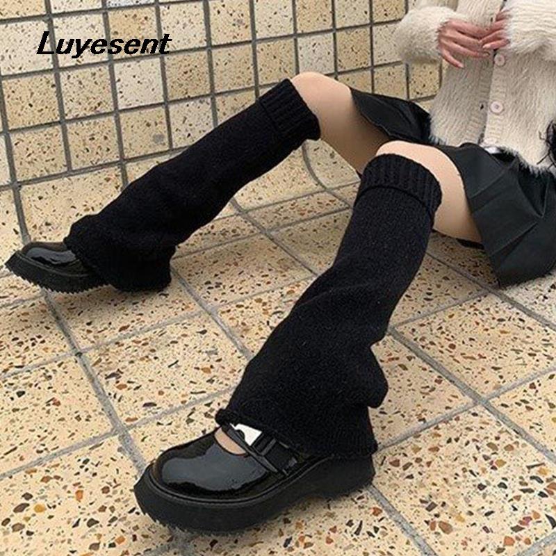 Calentadores de piernas góticos para mujer, calentadores de piernas básicos de punto cálido, color negro y Beige, ropa de invierno para chica Y2k, calentadores de piernas Hipster, dulce cubierta de pie larga Harajuku