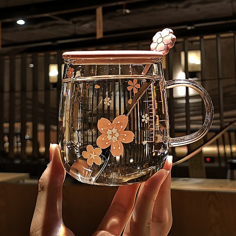 Taza de café de cristal con flor de cerezo, vaso con cuchara, amantes de la personalidad, para café, zumo, té, desayuno, utensilio para bebidas, 500ml: B