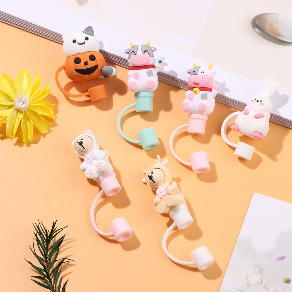 Silicone Straw Stopper Reusable Airtight Splash Proof Dust Straw Plug Glass Cup Accessories Cartoon Tips Cover Kitchen