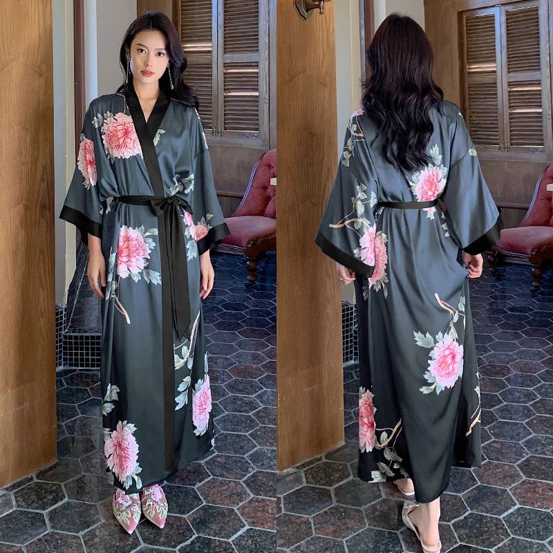 Peignoir kimono à manches mi-longues de style japonais pour femmes, robe longue femme, chemise de nuit, vêtements de nuit, satin imprimé fleuri, robe en span pour la maison: Corail Rouge