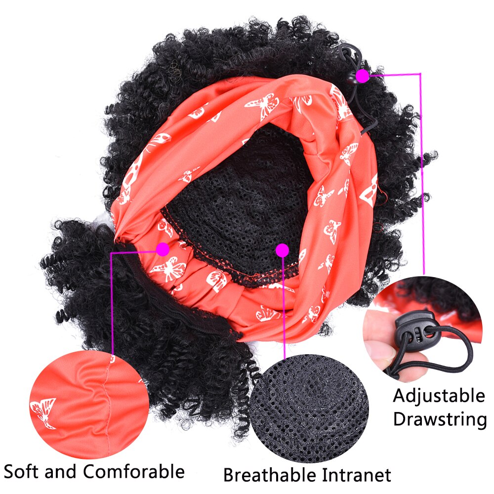 Short High Puff Afro Kinky Curly Drawstring Ponytail With Bang Headwrap Turban Wig for Black Women African Updo