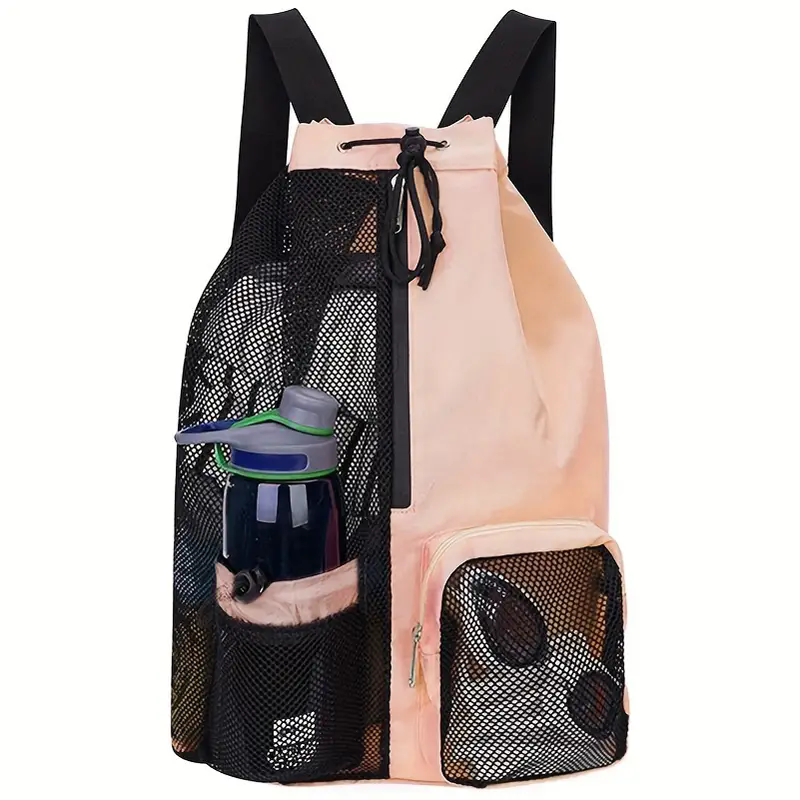 Badetasche, Netz-Rucksack mit Kordelzug und Nassfach, Mehrzweck-Strandrucksack für Schwimmen, Fitnessstudio und Trainingsgeräte: Rosa