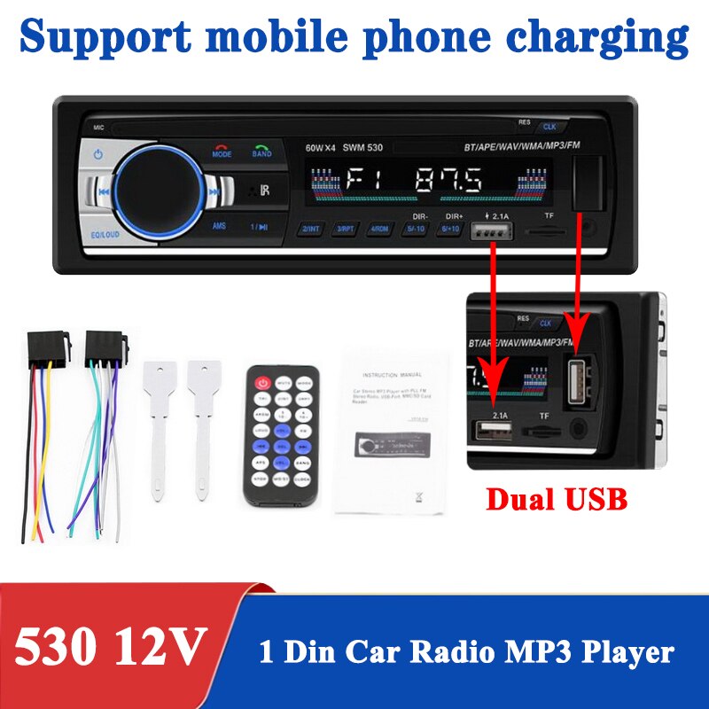 12V Car radio bluetooth Stereo bluetooth FM Radio MP3 Audio Player USB SD MMC Port Car radio bluetooth In-Dash one DIN size: 530 phone charging