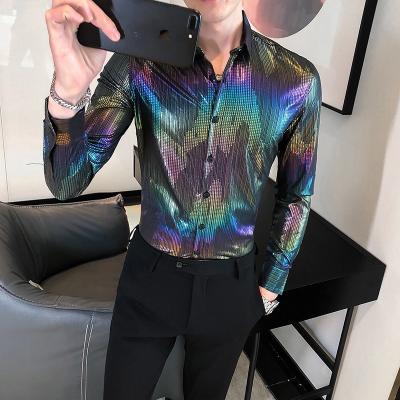 Camisa de dibujo de estilo británico para hombre, camisas casuales de manga larga para hombre, ropa de calle con ajuste ajustado/Club nocturno/esmoquin de graduación 3XL