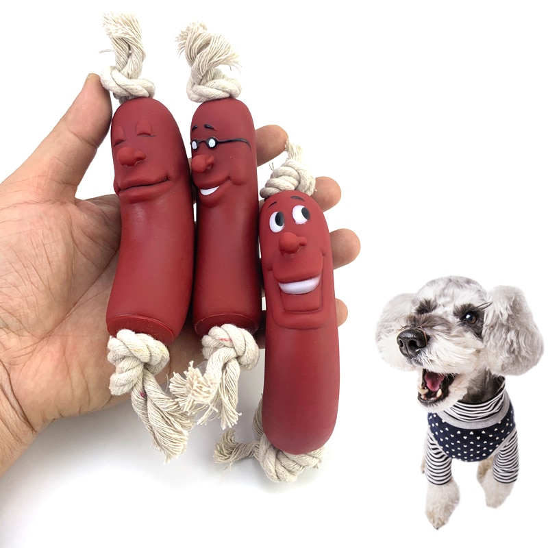 Expression Pet Dog Toy Red Sausage Cute Smiley face Healthy Latex Dogs Bite Cotton Rope Toy For Small Medium Puppy Pet Supplies
