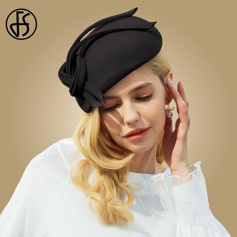 FS fascinateur – chapeau de mariage pour femmes, rose, violet, , avec nœud papillon, en feutre de laine noir, chapeaux Fedora, casquette en feutre d'église, chapeau Derby: Black Wool Hat