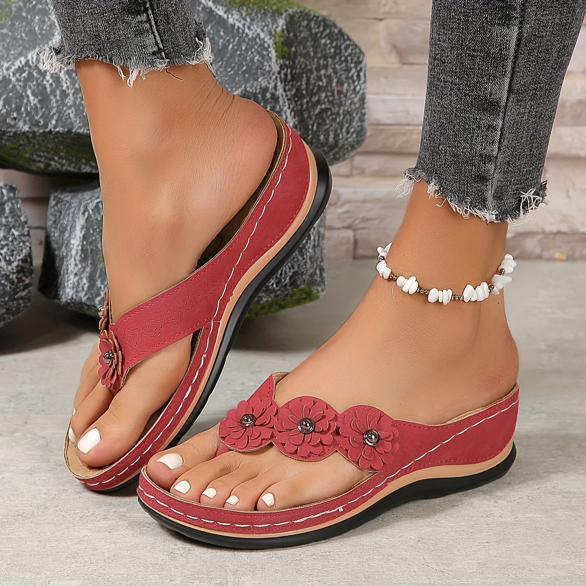 Strand-kippen-Flops mit Blumenmuster für Damen – bequeme Unterhose-an-Sommer-Slipper, vielseitige lässige draussen-Schuhe: verrotten / 43