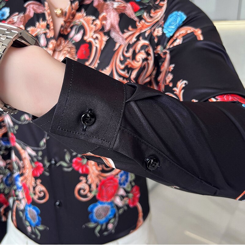 Camisas con estampado dorado de lujo para hombre, camisa informal de manga larga, ajustado para Social esmoquin, camisas de vestir para oficina de negocios de talla grande 4XL-M