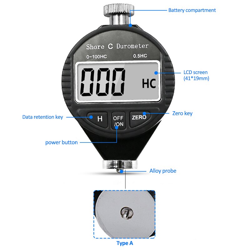 HA HD HC Digital Shore Durometer LCD Display Sclerometer Rubber Hardness Tester Meter paragraph: 0-100HA