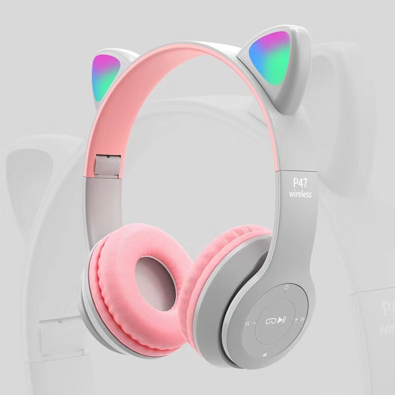 Leuke Kat Oren Bluetooth Draadloze Hoofdtelefoon Met Microfoon Kan Controle Led Kid Meisje Stereo Muziek Helm Telefoon Headset: Gray