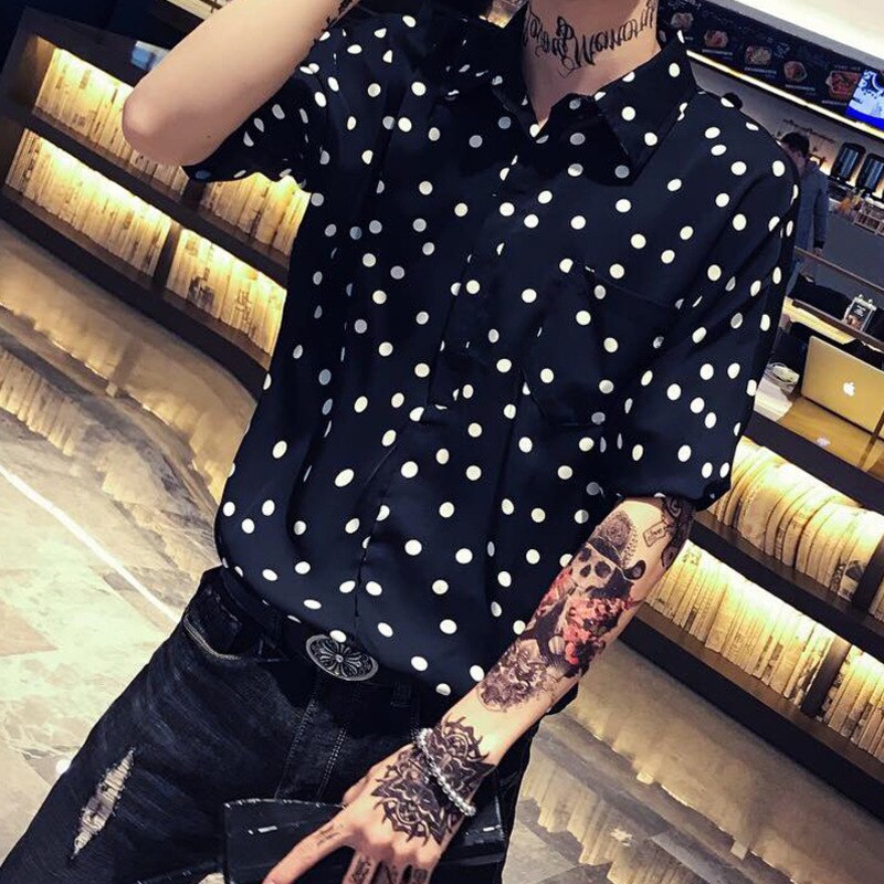 Summer Dress Shirt Men Slim Dot Print Casual Shirt Man Streetwear Trend Wild Short-sleeved Shirt Male Clothes M-2XL