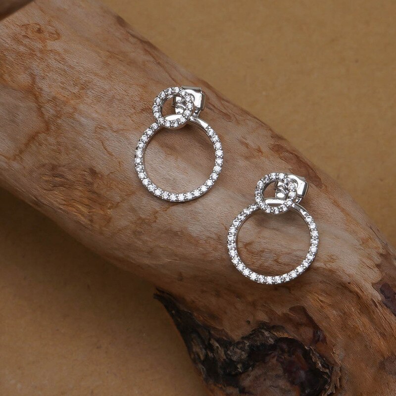 Pendientes de circonita con Micro pavé para mujer, aretes de tuerca circulares delanteros y traseros, joyería delicada, ,: silver color