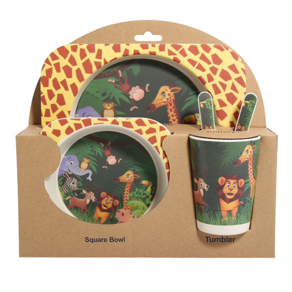 5pcs/sets Baby Dish Tableware Set Natural Bamboo Fiber Bowl With Cup Spoon Plate Fork Feeding Dishes for Kids Utensils: Brown