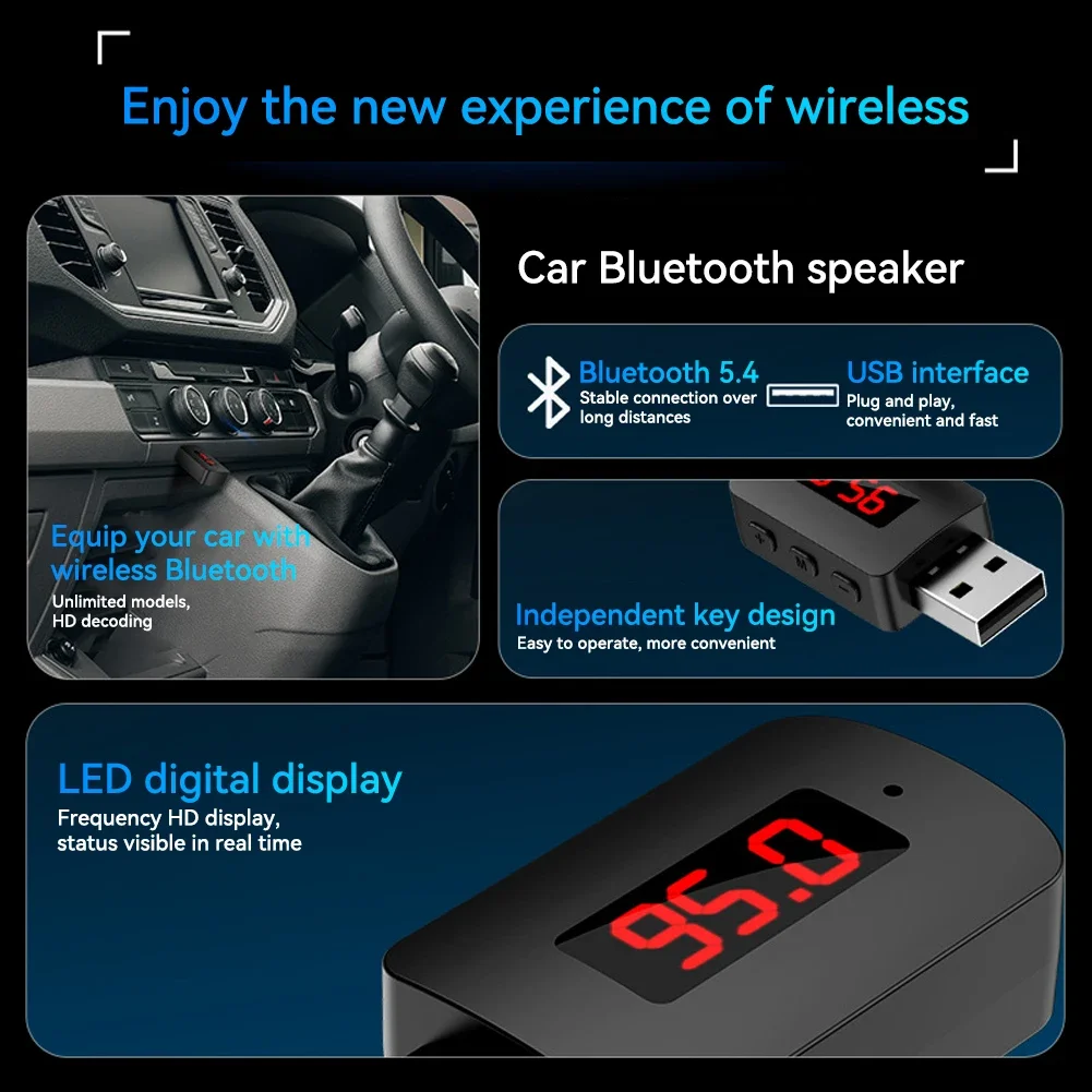 Auto Bluetooth 5.4 FM-zender USB draadloze audio-adapter Handsfree bellen Carkit met microfoon HIFI Stereo voor auto FM-radio
