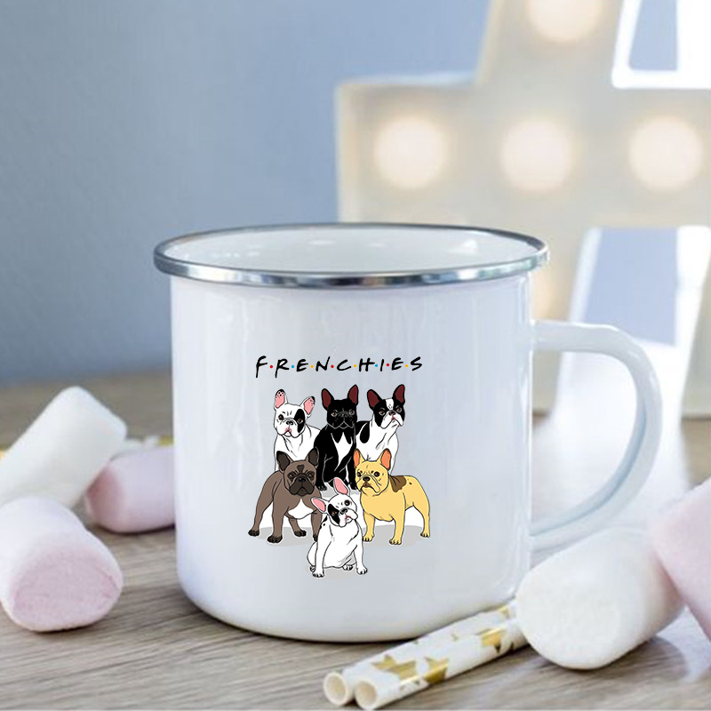 Taza de esmalte con estampado de Bulldog Francés, tazas creativas de café, bebidas, postres, desayuno, leche, tazas Vintage con asa, los mejores